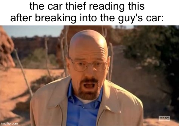 Walter White Fall | the car thief reading this after breaking into the guy's car: | image tagged in walter white fall | made w/ Imgflip meme maker