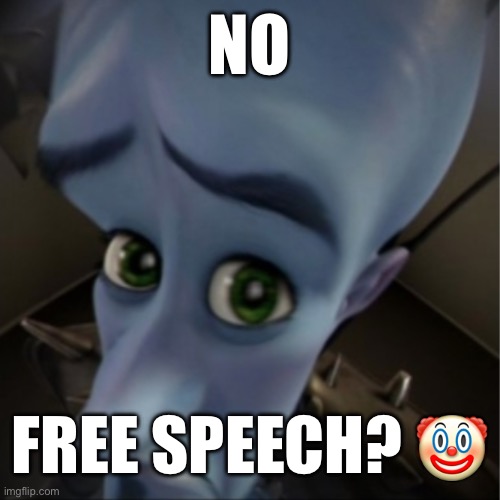 Imgflip about to throw imglfip at a trash can: | NO; FREE SPEECH? 🤡 | image tagged in megamind peeking | made w/ Imgflip meme maker