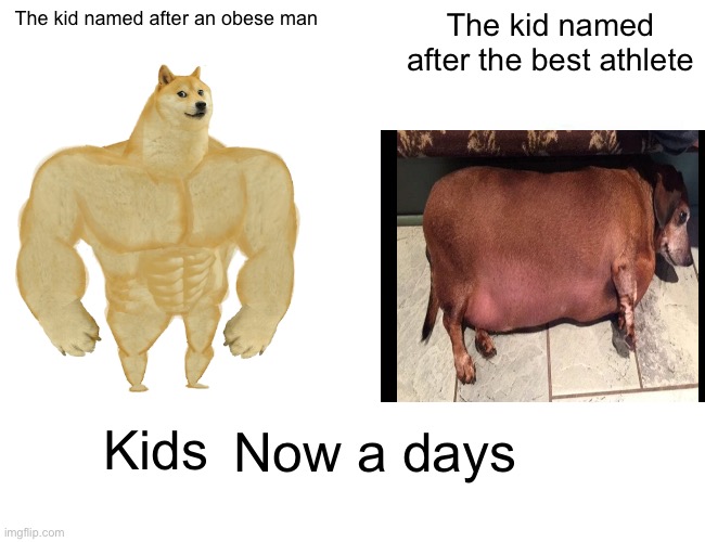 Buff Doge vs. Cheems | The kid named after an obese man; The kid named after the best athlete; Kids; Now a days | image tagged in memes,buff doge vs cheems | made w/ Imgflip meme maker