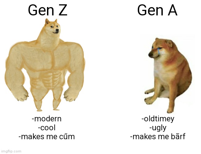 I'm gen abcdefghijklmnopqrstuvwxyz, ok? | Gen Z; Gen A; -modern
-cool
-makes me cűm; -oldtimey
-ugly
-makes me bãrf | image tagged in memes,buff doge vs cheems | made w/ Imgflip meme maker