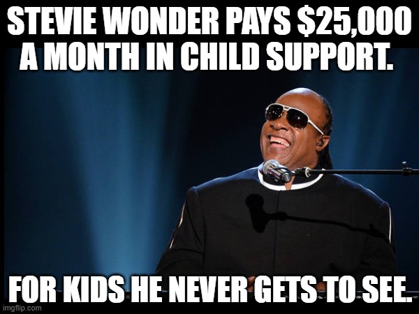 Stevie Wonder | STEVIE WONDER PAYS $25,000 A MONTH IN CHILD SUPPORT. FOR KIDS HE NEVER GETS TO SEE. | image tagged in memes,drak,child support | made w/ Imgflip meme maker