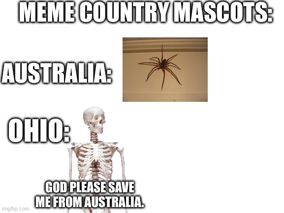 WW4 Australia vs Ohio |  MEME COUNTRY MASCOTS:; AUSTRALIA:; OHIO:; GOD PLEASE SAVE ME FROM AUSTRALIA. | image tagged in blank white template,uh oh,scumbag spider,skeleton,ohio,australia | made w/ Imgflip meme maker