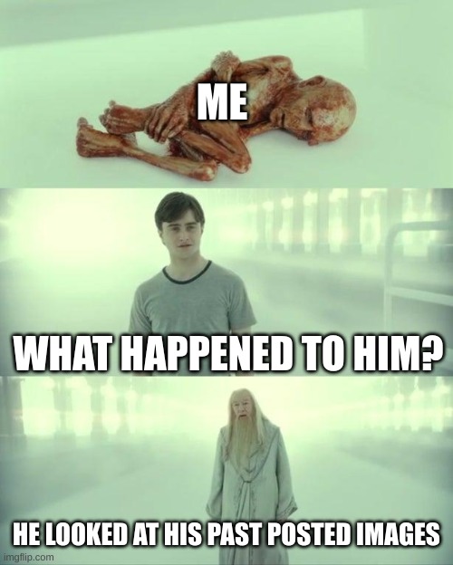 e-e-E-E | ME; WHAT HAPPENED TO HIM? HE LOOKED AT HIS PAST POSTED IMAGES | image tagged in dead baby voldemort / what happened to him | made w/ Imgflip meme maker