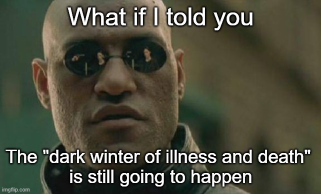 Good prediction, wrong victims | What if I told you; The "dark winter of illness and death" 
is still going to happen | image tagged in memes,matrix morpheus | made w/ Imgflip meme maker