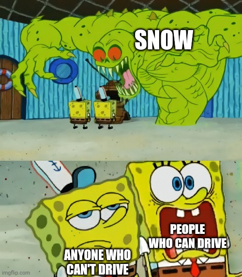 2 spongebobs monster | SNOW; PEOPLE WHO CAN DRIVE; ANYONE WHO CAN'T DRIVE | image tagged in 2 spongebobs monster | made w/ Imgflip meme maker