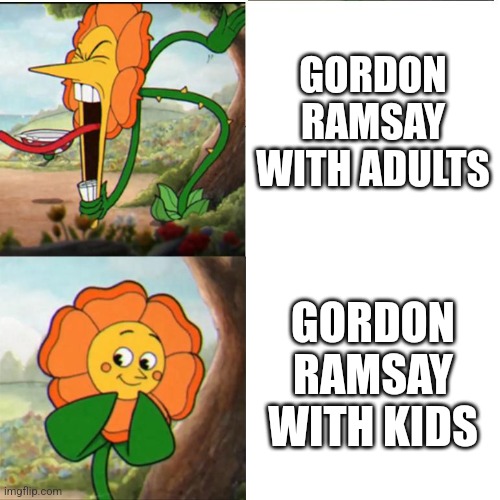Here's a meme about Gordon Ramsay! | GORDON RAMSAY WITH ADULTS; GORDON RAMSAY WITH KIDS | image tagged in cuphead flower,gordon ramsay | made w/ Imgflip meme maker