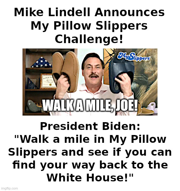 Mike Lindell Announces My Pillow Slippers Challenge! | image tagged in joe biden,mike lindell,my pillow,slippers,walk a mile,challenge | made w/ Imgflip meme maker
