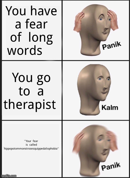 The biggest  troll ever: | You have a fear of  long  words; You go to  a therapist; ''Your  fear  is  called hippopotommonstrosesquippedaliophobia'' | image tagged in memes,panik kalm panik | made w/ Imgflip meme maker