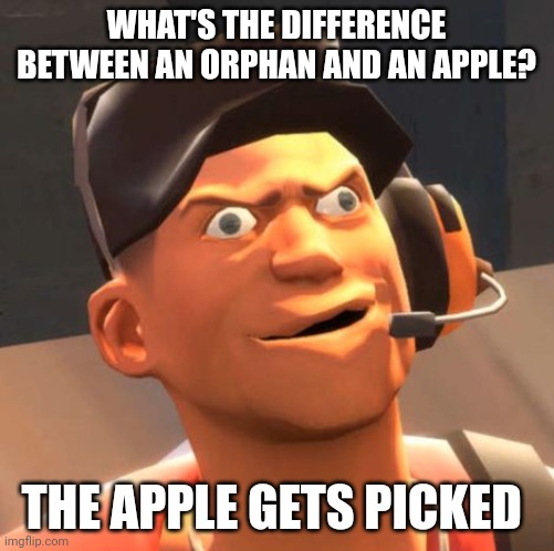Daily dose of dark humor :> | WHAT'S THE DIFFERENCE BETWEEN AN ORPHAN AND AN APPLE? THE APPLE GETS PICKED | image tagged in tf2 scout | made w/ Imgflip meme maker