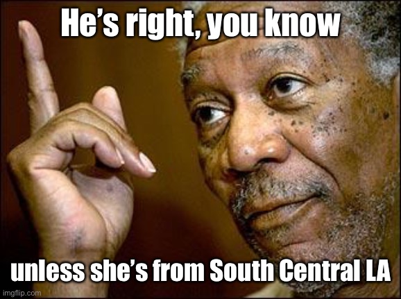 This Morgan Freeman | He’s right, you know unless she’s from South Central LA | image tagged in this morgan freeman | made w/ Imgflip meme maker