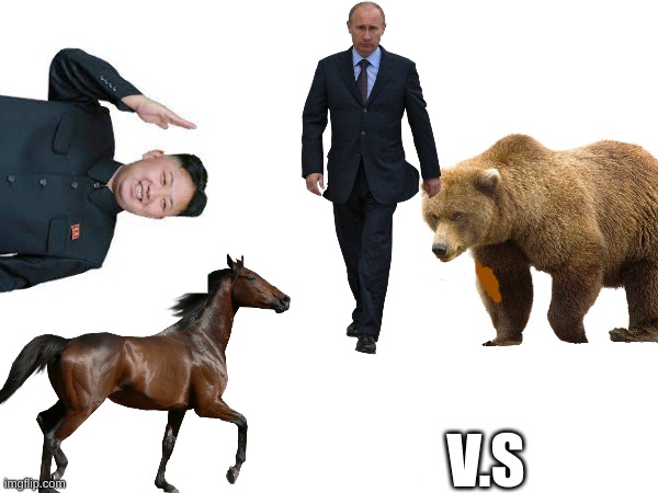 Putin, and his bear, versus Kim, and his horse. Who will win? | V.S | image tagged in memes | made w/ Imgflip meme maker