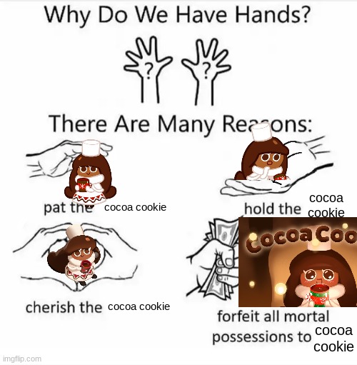Cocoa Cookie is the reasoning for our hands & I have proof | cocoa cookie; cocoa cookie; cocoa cookie; cocoa cookie | image tagged in why do we have hands all blank,cookie run kingdom,cookie run,cocoa cookie,cute,cookies | made w/ Imgflip meme maker