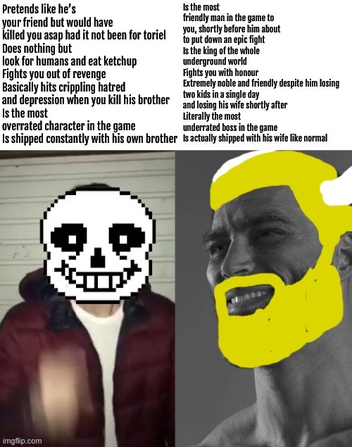 Is the most friendly man in the game to you, shortly before him about to put down an epic fight
Is the king of the whole underground world
Fights you with honour
Extremely noble and friendly despite him losing two kids in a single day and losing his wife shortly after
Literally the most underrated boss in the game
Is actually shipped with his wife like normal; Pretends like he’s your friend but would have killed you asap had it not been for toriel
Does nothing but look for humans and eat ketchup
Fights you out of revenge
Basically hits crippling hatred and depression when you kill his brother
Is the most overrated character in the game
Is shipped constantly with his own brother | made w/ Imgflip meme maker