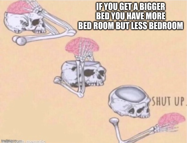 Why must shower thoughts exist, just why. | IF YOU GET A BIGGER BED YOU HAVE MORE BED ROOM BUT LESS BEDROOM | image tagged in shut up brain,shower thoughts | made w/ Imgflip meme maker