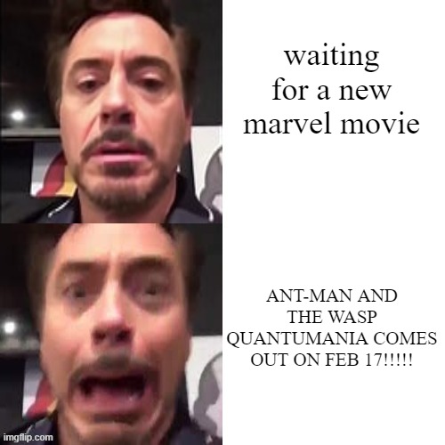 GUYS IM LITERALLY SO EXITED FOR THIS | waiting for a new marvel movie; ANT-MAN AND THE WASP QUANTUMANIA COMES OUT ON FEB 17!!!!! | image tagged in robert downey jr screaming,antman,marvel | made w/ Imgflip meme maker
