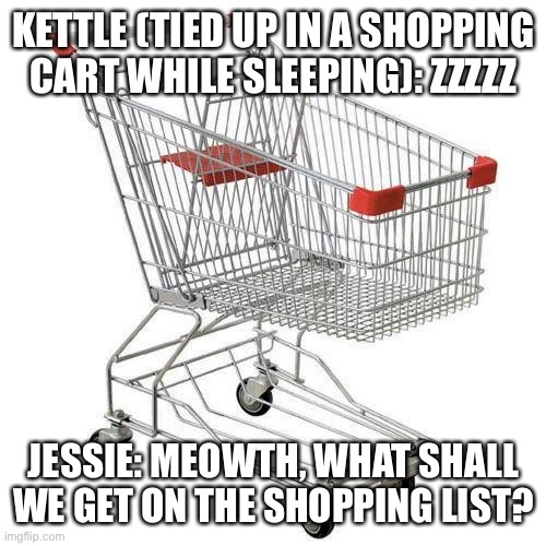 Going shopping | KETTLE (TIED UP IN A SHOPPING CART WHILE SLEEPING): ZZZZZ; JESSIE: MEOWTH, WHAT SHALL WE GET ON THE SHOPPING LIST? | image tagged in shopping cart | made w/ Imgflip meme maker