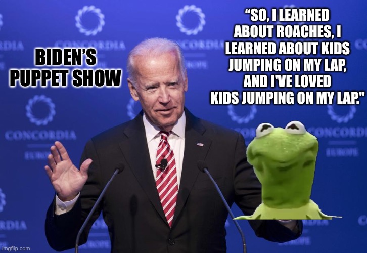 Biden’s Puppet Show | BIDEN’S PUPPET SHOW; “SO, I LEARNED ABOUT ROACHES, I LEARNED ABOUT KIDS JUMPING ON MY LAP, AND I'VE LOVED KIDS JUMPING ON MY LAP." | image tagged in joe biden,puppet show,kermit the frog | made w/ Imgflip meme maker
