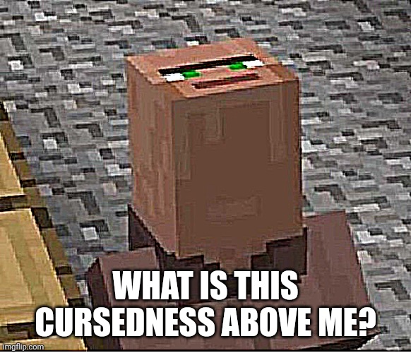 Minecraft Villager Looking Up | WHAT IS THIS CURSEDNESS ABOVE ME? | image tagged in minecraft villager looking up | made w/ Imgflip meme maker