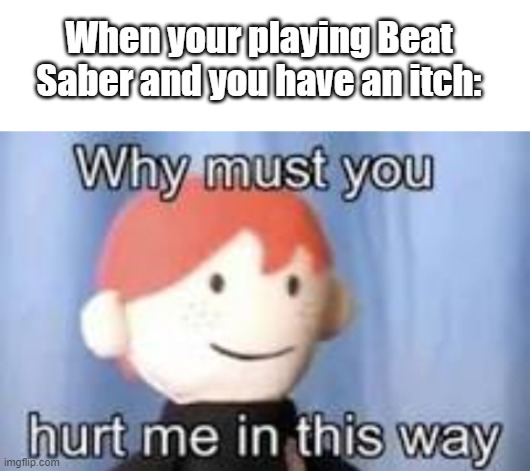 When your playing Beat Saber and you have an itch: | image tagged in blank white template,why must you hurt me in this way | made w/ Imgflip meme maker