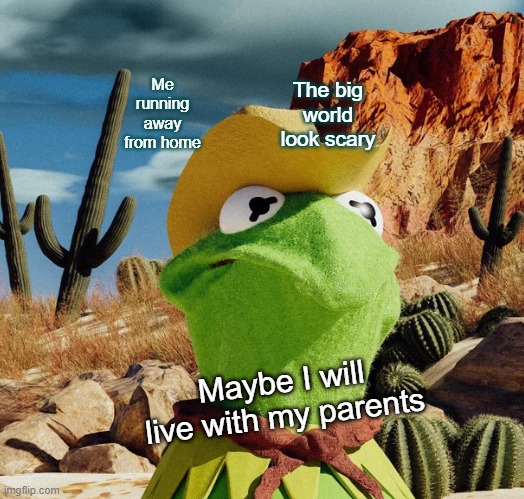 kermit the frog | Me running away from home; The big world look scary; Maybe I will live with my parents | image tagged in funny memes | made w/ Imgflip meme maker