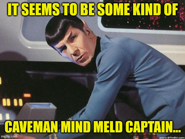 Spock | IT SEEMS TO BE SOME KIND OF CAVEMAN MIND MELD CAPTAIN... | image tagged in spock | made w/ Imgflip meme maker