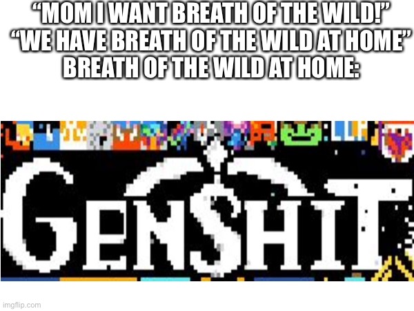 Idc what you say, genshin impact is just botw for weebs |  “MOM I WANT BREATH OF THE WILD!”
“WE HAVE BREATH OF THE WILD AT HOME”
BREATH OF THE WILD AT HOME: | image tagged in fun,genshin impact,the legend of zelda breath of the wild,botw | made w/ Imgflip meme maker