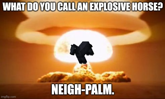 Nuclear Explosion | WHAT DO YOU CALL AN EXPLOSIVE HORSE? NEIGH-PALM. | image tagged in nuclear explosion | made w/ Imgflip meme maker