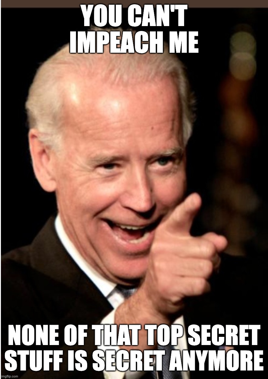 Hol' up! | YOU CAN'T IMPEACH ME; NONE OF THAT TOP SECRET STUFF IS SECRET ANYMORE | image tagged in biden,documents | made w/ Imgflip meme maker