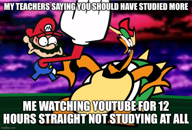 Studying be like…. | MY TEACHERS SAYING YOU SHOULD HAVE STUDIED MORE; ME WATCHING YOUTUBE FOR 12 HOURS STRAIGHT NOT STUDYING AT ALL | image tagged in something about super mario 64 slap,relateable,studying | made w/ Imgflip meme maker