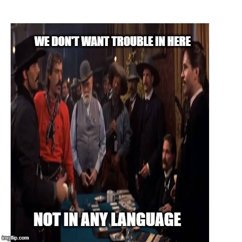 Trouble in tombstone | WE DON'T WANT TROUBLE IN HERE; NOT IN ANY LANGUAGE | image tagged in tombstone | made w/ Imgflip meme maker
