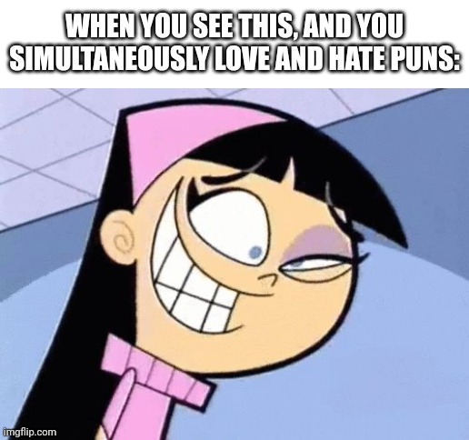 Trixie Tran eye twitch | WHEN YOU SEE THIS, AND YOU SIMULTANEOUSLY LOVE AND HATE PUNS: | image tagged in trixie tran eye twitch | made w/ Imgflip meme maker
