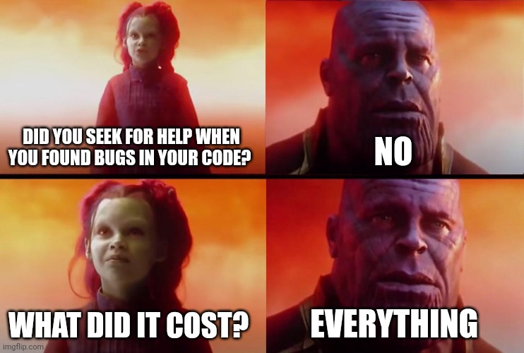 thanos what did it cost | DID YOU SEEK FOR HELP WHEN YOU FOUND BUGS IN YOUR CODE? NO; WHAT DID IT COST? EVERYTHING | image tagged in thanos what did it cost | made w/ Imgflip meme maker
