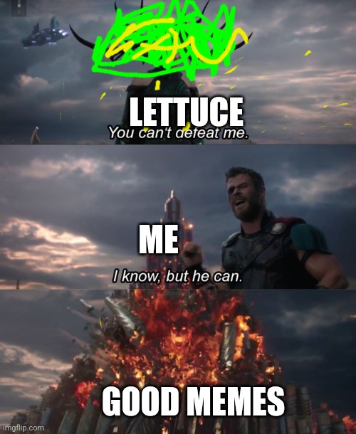 You can't defeat me | LETTUCE; ME; GOOD MEMES | image tagged in you can't defeat me | made w/ Imgflip meme maker