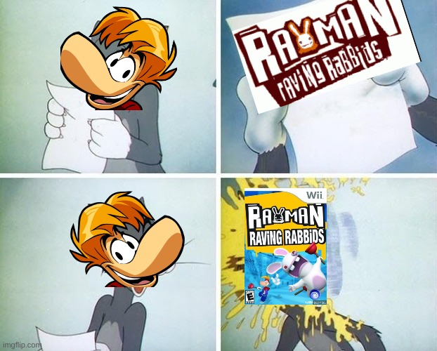 rayman 4 in a nutshell | RAYMAN 4 | image tagged in tom and jerry custard pie | made w/ Imgflip meme maker