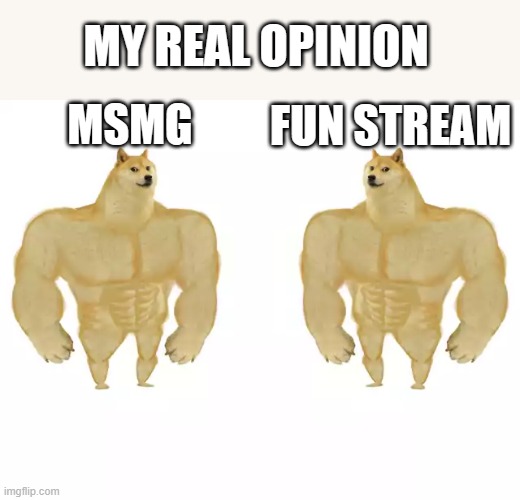 (ratio (again) -potat) | MY REAL OPINION; MSMG; FUN STREAM | image tagged in buff doge vs buff doge | made w/ Imgflip meme maker
