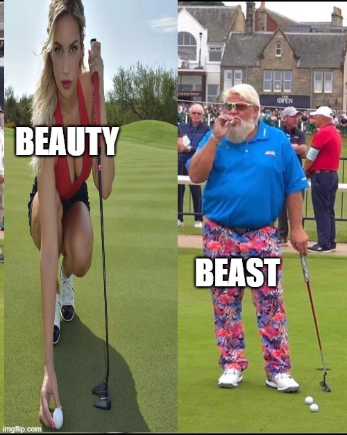who will win? | BEAUTY; BEAST | image tagged in john daly and tiger woods | made w/ Imgflip meme maker