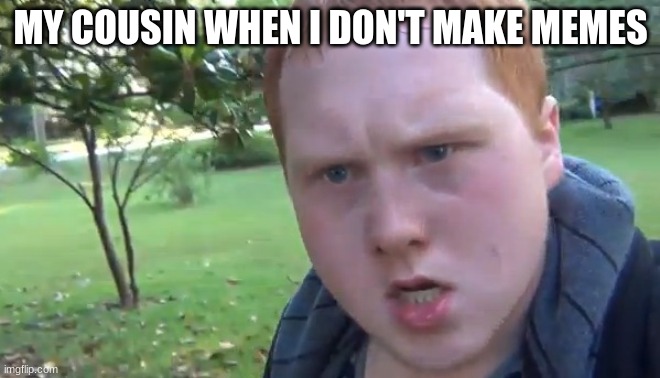 angry red head | MY COUSIN WHEN I DON'T MAKE MEMES | image tagged in angry red head | made w/ Imgflip meme maker