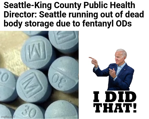 Tens of thousands of people dying as a result of democrats' bad policies is just fine | Seattle-King County Public Health
Director: Seattle running out of dead
body storage due to fentanyl ODs | image tagged in memes,fentanyl,joe biden,open borders,overdose deaths,democrats | made w/ Imgflip meme maker