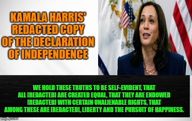 In Abortion Speech, Kamala Harris Censors Declaration of Independence | KAMALA HARRIS' REDACTED COPY OF THE DECLARATION OF INDEPENDENCE; WE HOLD THESE TRUTHS TO BE SELF-EVIDENT, THAT ALL [REDACTED] ARE CREATED EQUAL, THAT THEY ARE ENDOWED [REDACTED] WITH CERTAIN UNALIENABLE RIGHTS, THAT AMONG THESE ARE [REDACTED], LIBERTY AND THE PURSUIT OF HAPPINESS. | image tagged in kamala harris,declaration of independence,abortion | made w/ Imgflip meme maker