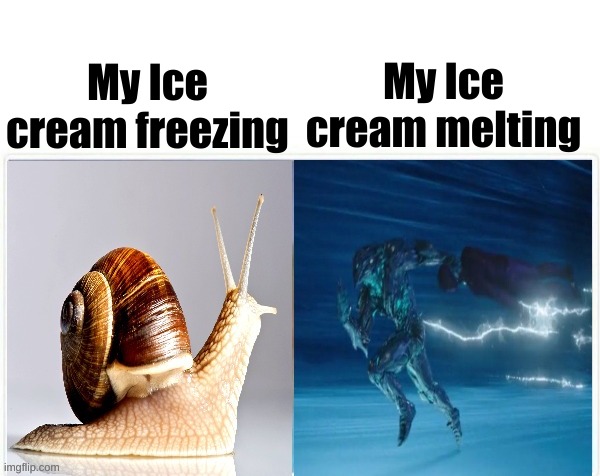 haha funny flash meme | My Ice cream freezing; My Ice cream melting | image tagged in slow versus fast | made w/ Imgflip meme maker