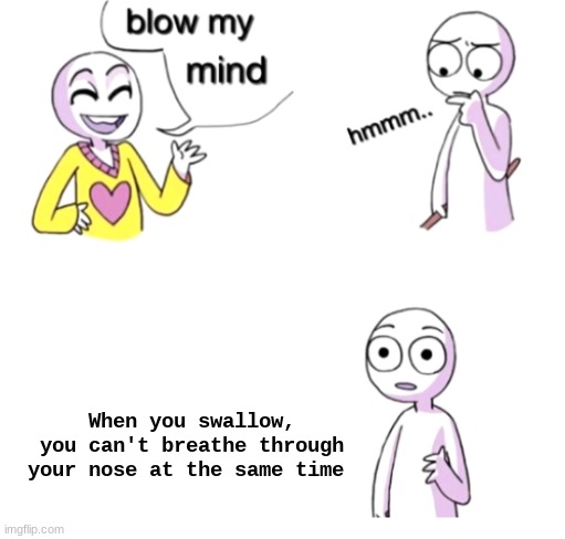 ehe brrrrrrrrrrrrrrrrrrrrrrrrrr | When you swallow, you can't breathe through your nose at the same time | image tagged in blow my mind,random facts | made w/ Imgflip meme maker