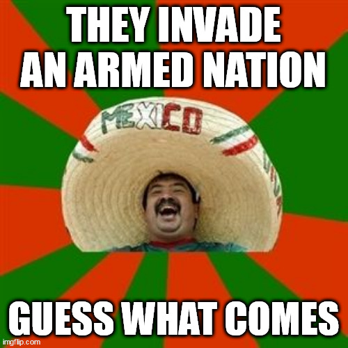 succesful mexican | THEY INVADE AN ARMED NATION; GUESS WHAT COMES | image tagged in succesful mexican | made w/ Imgflip meme maker