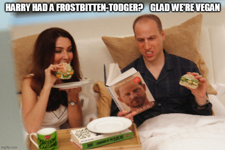prince william | HARRY HAD A FROSTBITTEN-TODGER?    GLAD WE'RE VEGAN | image tagged in prince william,prince harry,meghan markle,royal family,royal,royals | made w/ Imgflip meme maker