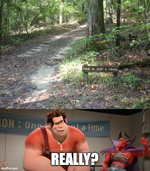 This must not be a trail, or is it a trail? | REALLY? | image tagged in sign,placement,fail,task failed successfully,really wreck it ralph | made w/ Imgflip meme maker