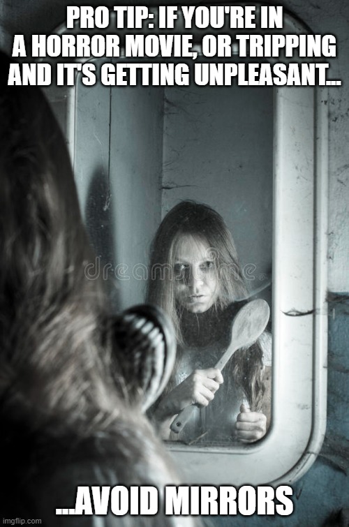 mirror is a window to hell (your mind) | PRO TIP: IF YOU'RE IN A HORROR MOVIE, OR TRIPPING AND IT'S GETTING UNPLEASANT... ...AVOID MIRRORS | image tagged in memes | made w/ Imgflip meme maker
