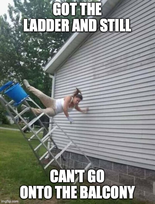 woman ladder accident | GOT THE LADDER AND STILL CAN'T GO ONTO THE BALCONY | image tagged in woman ladder accident | made w/ Imgflip meme maker