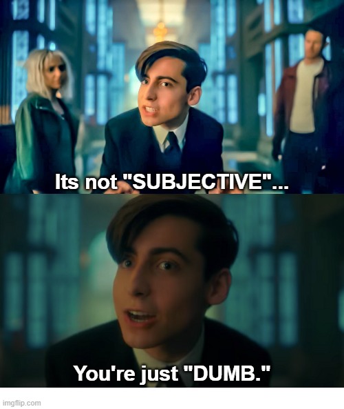 Number Five - It's Not Subjective You're Just Dumb | Its not "SUBJECTIVE"... You're just "DUMB." | image tagged in umbrella academy,number five | made w/ Imgflip meme maker