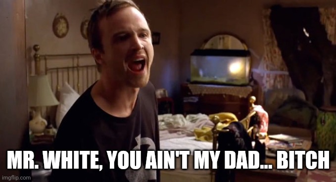 jesse pinkman breaking bad shout | MR. WHITE, YOU AIN'T MY DAD... BITCH | image tagged in jesse pinkman breaking bad shout | made w/ Imgflip meme maker