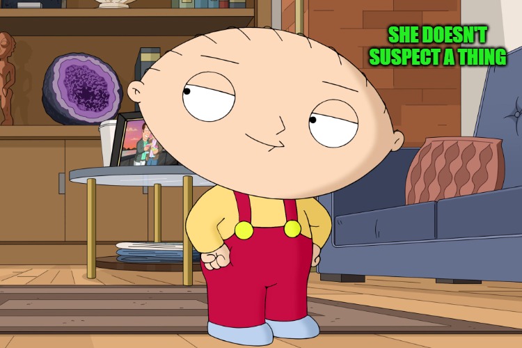 family guy | SHE DOESN'T SUSPECT A THING | image tagged in family guy | made w/ Imgflip meme maker