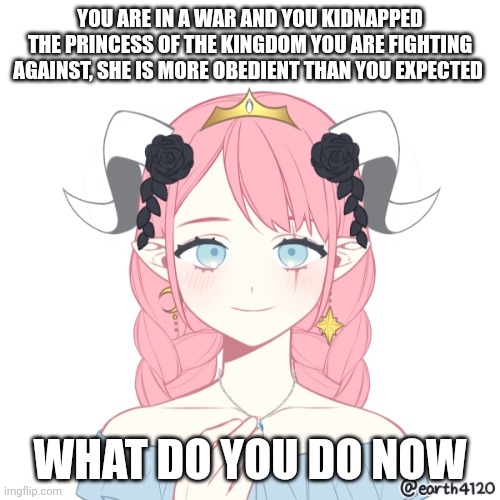 No joke or vehicle ocs. No killing her but threatening is allowed. Any rp except erp | YOU ARE IN A WAR AND YOU KIDNAPPED THE PRINCESS OF THE KINGDOM YOU ARE FIGHTING AGAINST, SHE IS MORE OBEDIENT THAN YOU EXPECTED; WHAT DO YOU DO NOW | image tagged in roleplaying | made w/ Imgflip meme maker